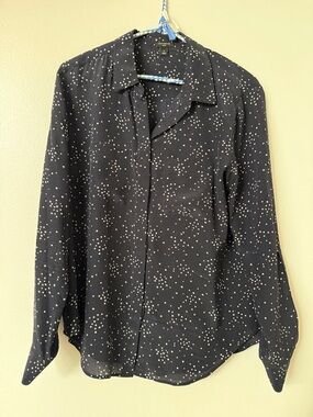 Ann Taylor Navy Blue Button-Up Blouse with White Dot Print